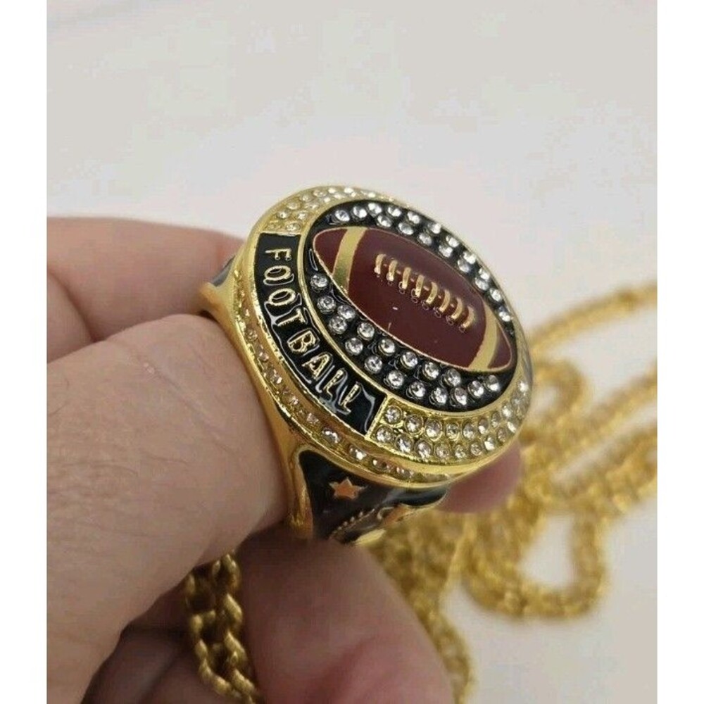 Lot of 12 Football Championship Rings w/ Gold Neck Chains New Heavy Metal Trophy